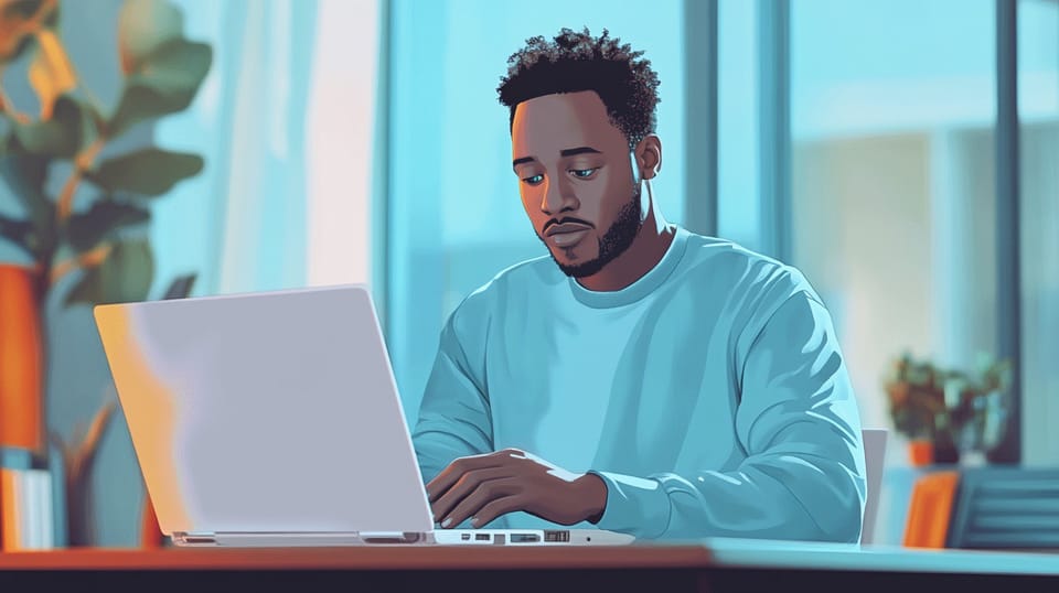 An illustration of an African descent man who is developing code for CareNote.