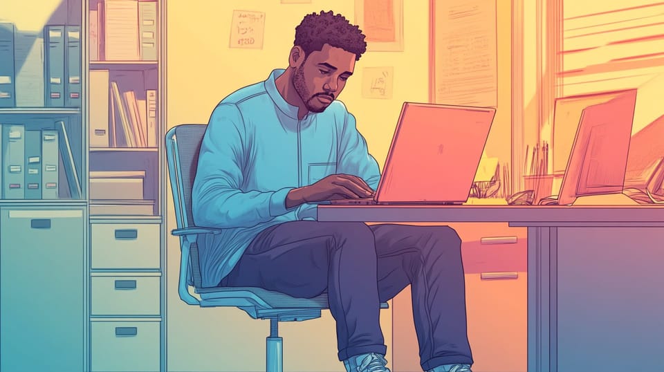 An illustration of an African descent man who is developing code for CareNote.