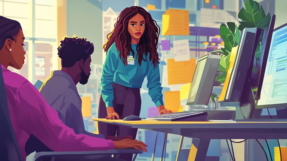 An illustration of an African descent group in front of a computer reviewing changes.