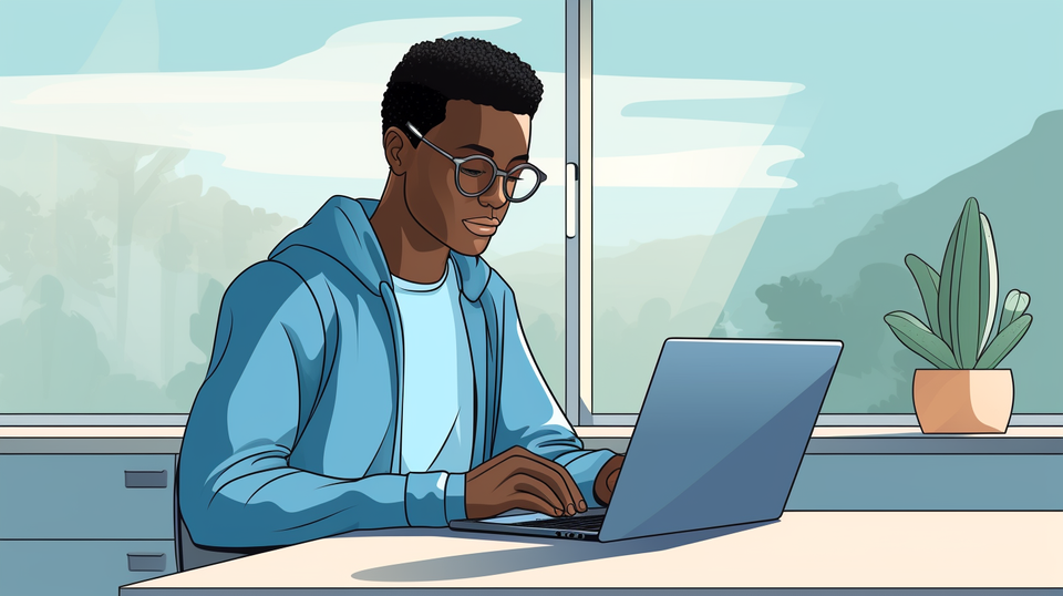 A young African American man in a blue hoodie uses his laptop by a scenic window in a bright room.
