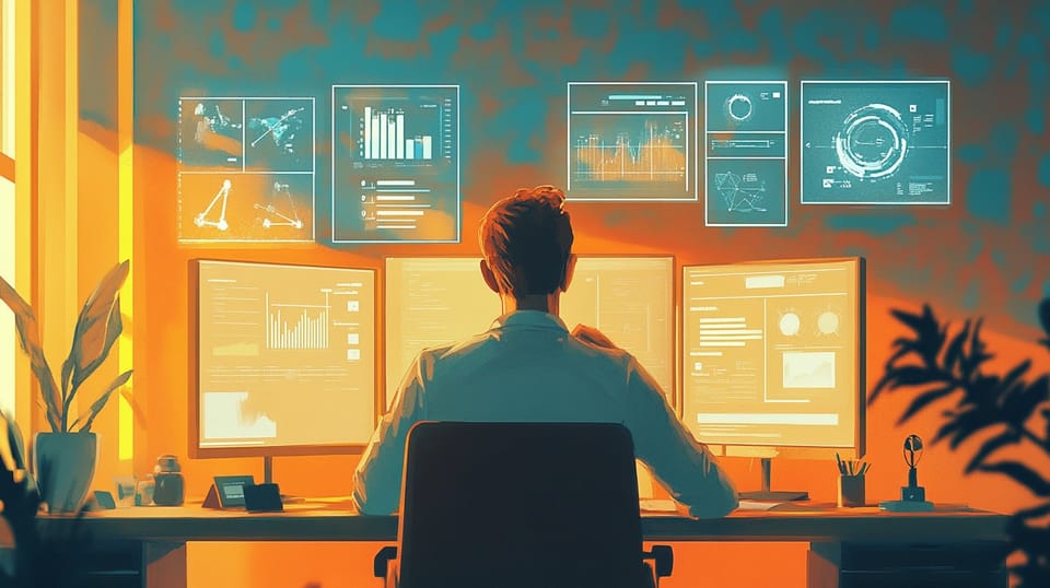 A person at a desk views glowing monitors displaying data visualizations, graphs, analytics in a warm, orange-lit workspace.