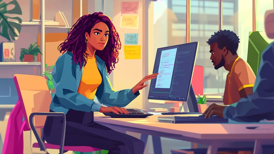 Two tech pros collaborate in a bright, plant-filled office—coding, discussing, and building in a vibrant, modern workspace.