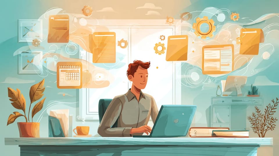 Person working at desk with laptop surrounded by floating digital icons of folders, calendars, and documents in warm tones.