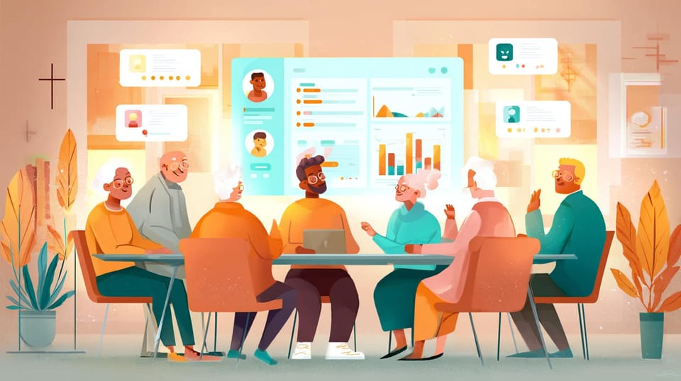 Diverse church team meeting around table with digital care management displays showing member profiles and data charts