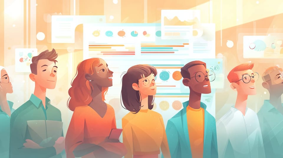 Group of diverse people viewing dashboard with charts, graphs, and colorful data visualizations in warm-toned illustration.