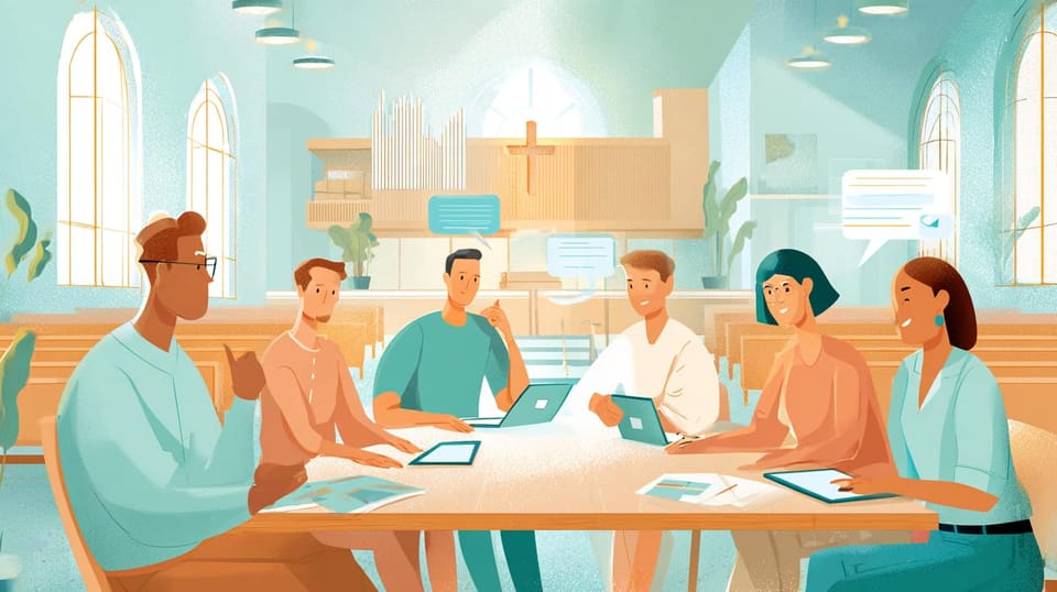 Six people seated around table in church with arched windows, cross and organ visible, working with laptops and documents.