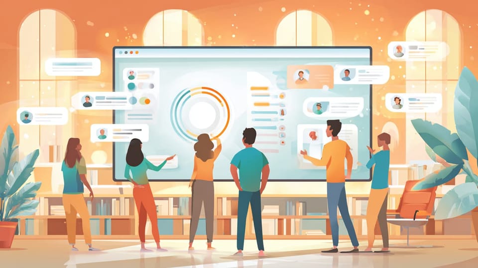 Diverse pastoral care team viewing dashboard with radar interface and floating profile cards in warm church office setting.