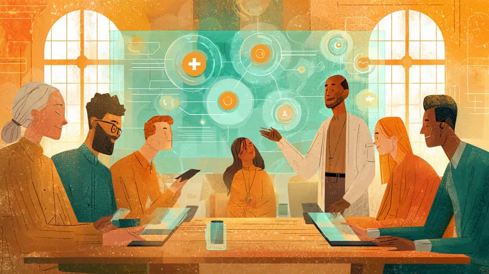 Diverse group of church staff meeting around table with digital interfaces showing pastoral care management tools and icons.