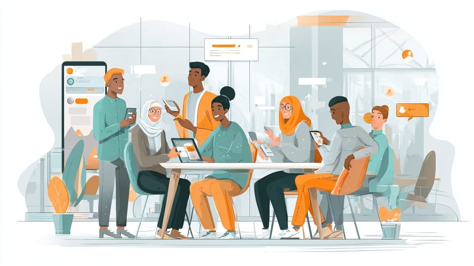 Diverse team meeting around table with tablets and phones, digital interface displays visible, in modern office setting.