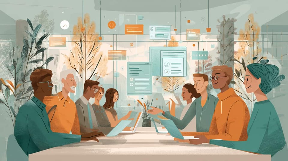 Diverse group seated around conference table with laptops, digital interface elements floating above, plants in background.