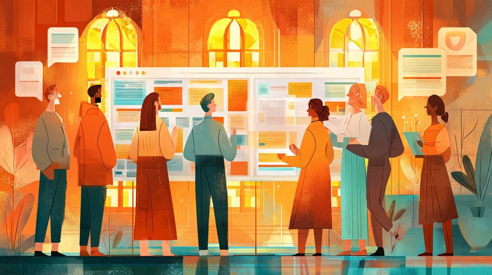 People standing before large digital board filled with colorful notes and cards in warm-lit church with arched windows.