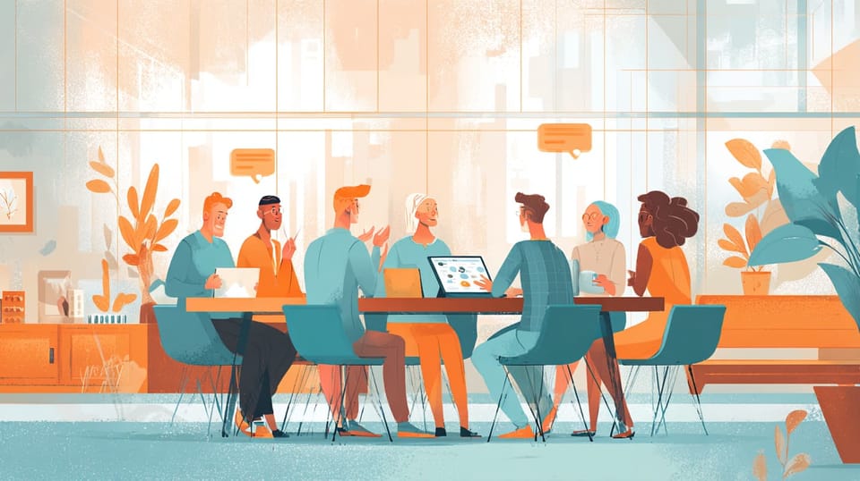 Group of seven people seated around conference table in bright modern space with plants, engaged in animated discussion.