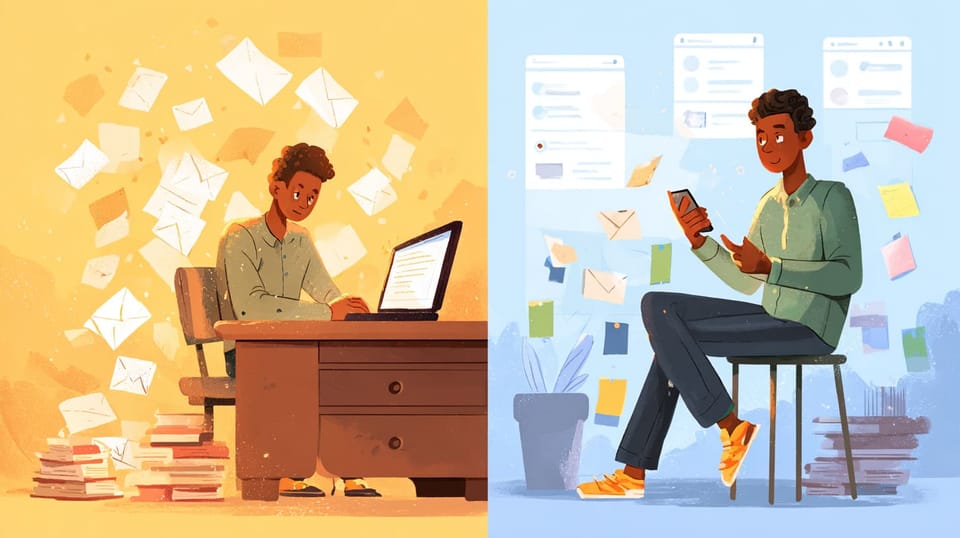 Pastor at cluttered desk with overflowing inbox transforms to confidently forwarding email, creating organized care requests