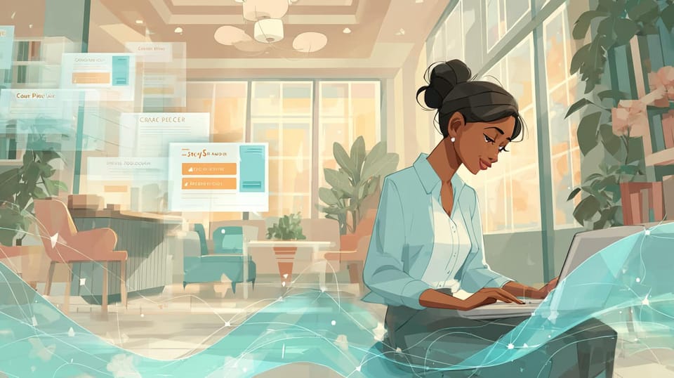 Pastoral care coordinator working on laptop with flowing teal data connections visualizing automatic sync between platforms.