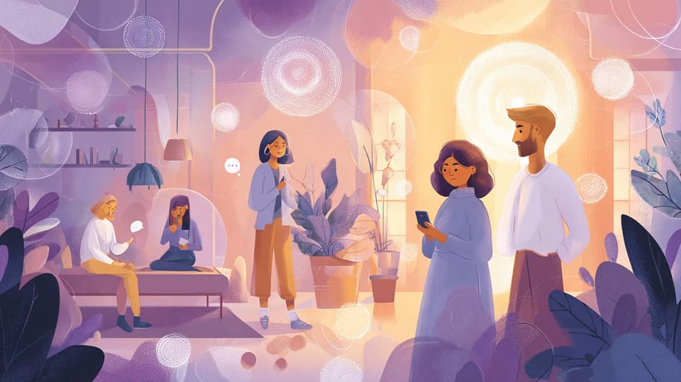 Illustration of diverse church care team members communicating digitally with floating notification bubbles in warm office.