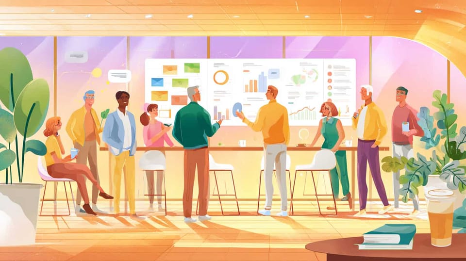 A diverse care ministry team gathered around a standing table, discussing dashboards, charts, and reports displayed on a large wall-mounted screen in a bright, sunlit office.