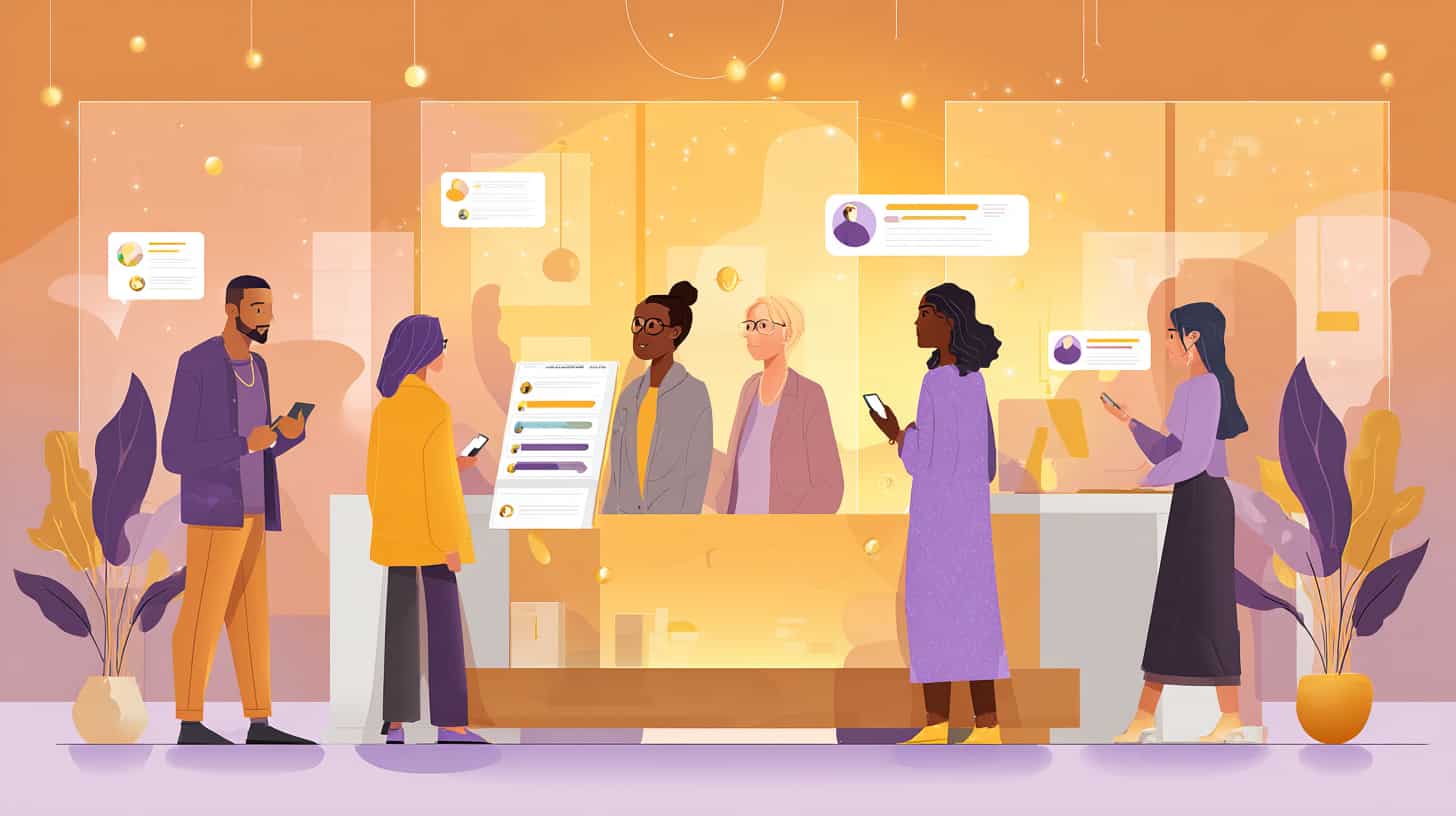 A diverse care ministry team standing and connecting in a warm gold and purple office, holding phones with floating notification cards and a task checklist appearing around them.