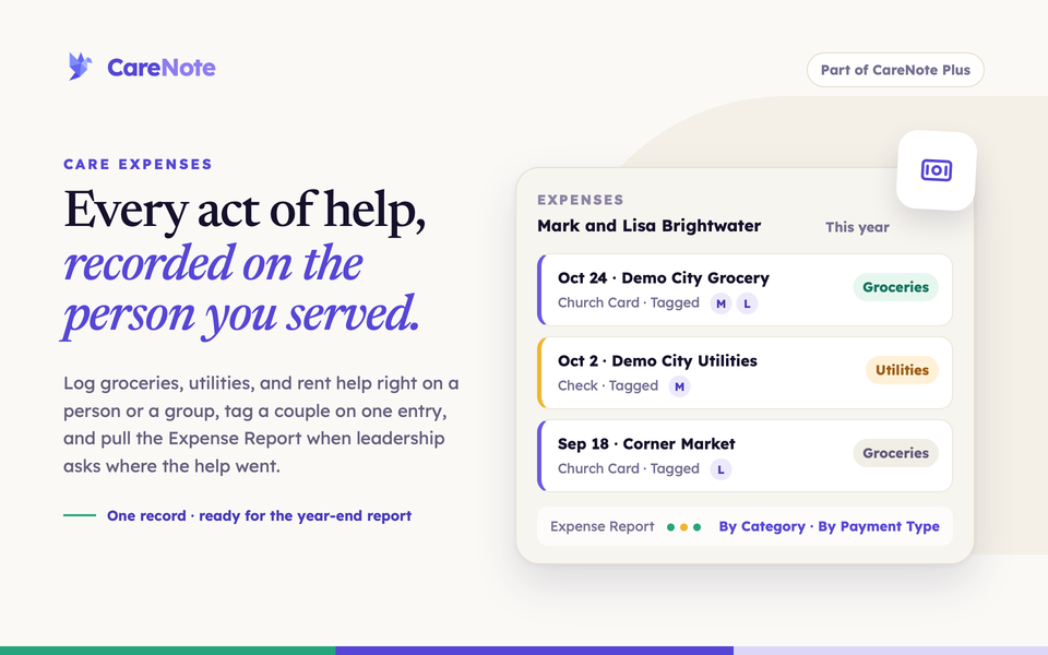 Headline "Every act of help, recorded on the person you served." beside the Create Expense form with its labeled fields.