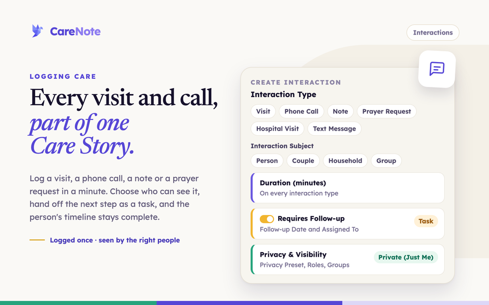 Headline beside an illustrated Create Interaction card with type and subject chips, duration, follow-up and privacy rows