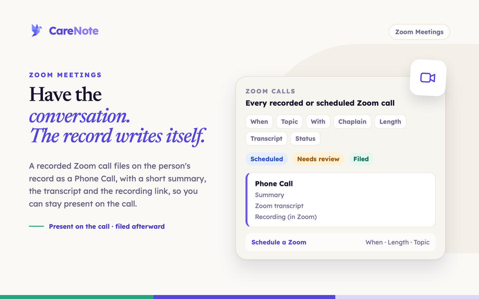 Headline beside an illustrated Zoom calls card with the table's column labels and Schedule a Zoom call form fields