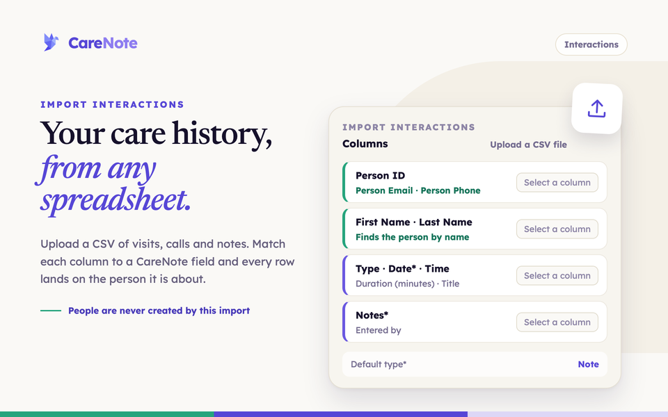 Headline beside an illustrated Import Interactions card with Columns dropdowns and a Default type field