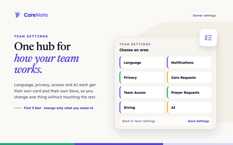Headline beside an illustrated Team Settings card listing eight area tiles from Language to AI, with Save Settings below