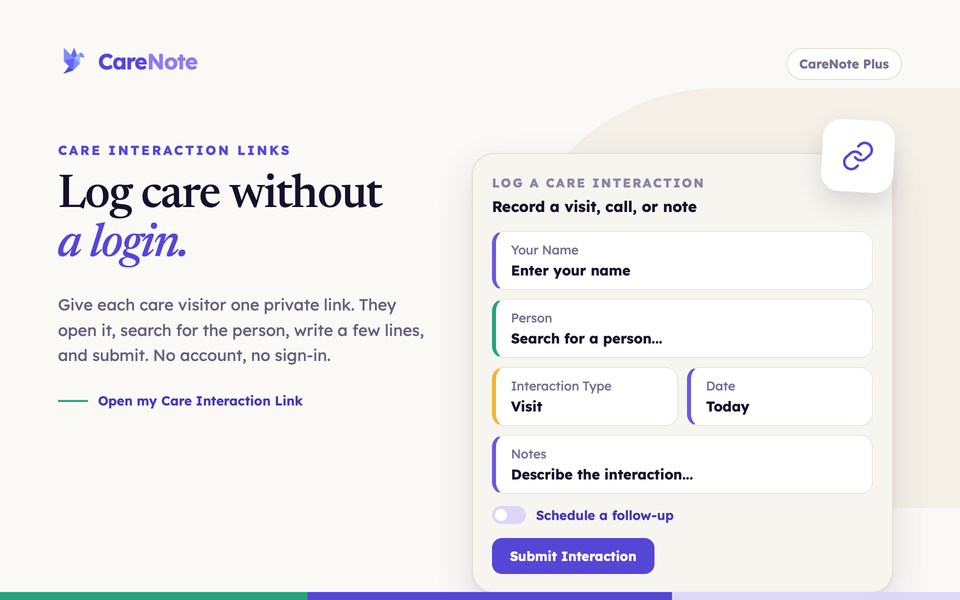 Headline beside an illustrated Log a Care Interaction form with a Submit Interaction button